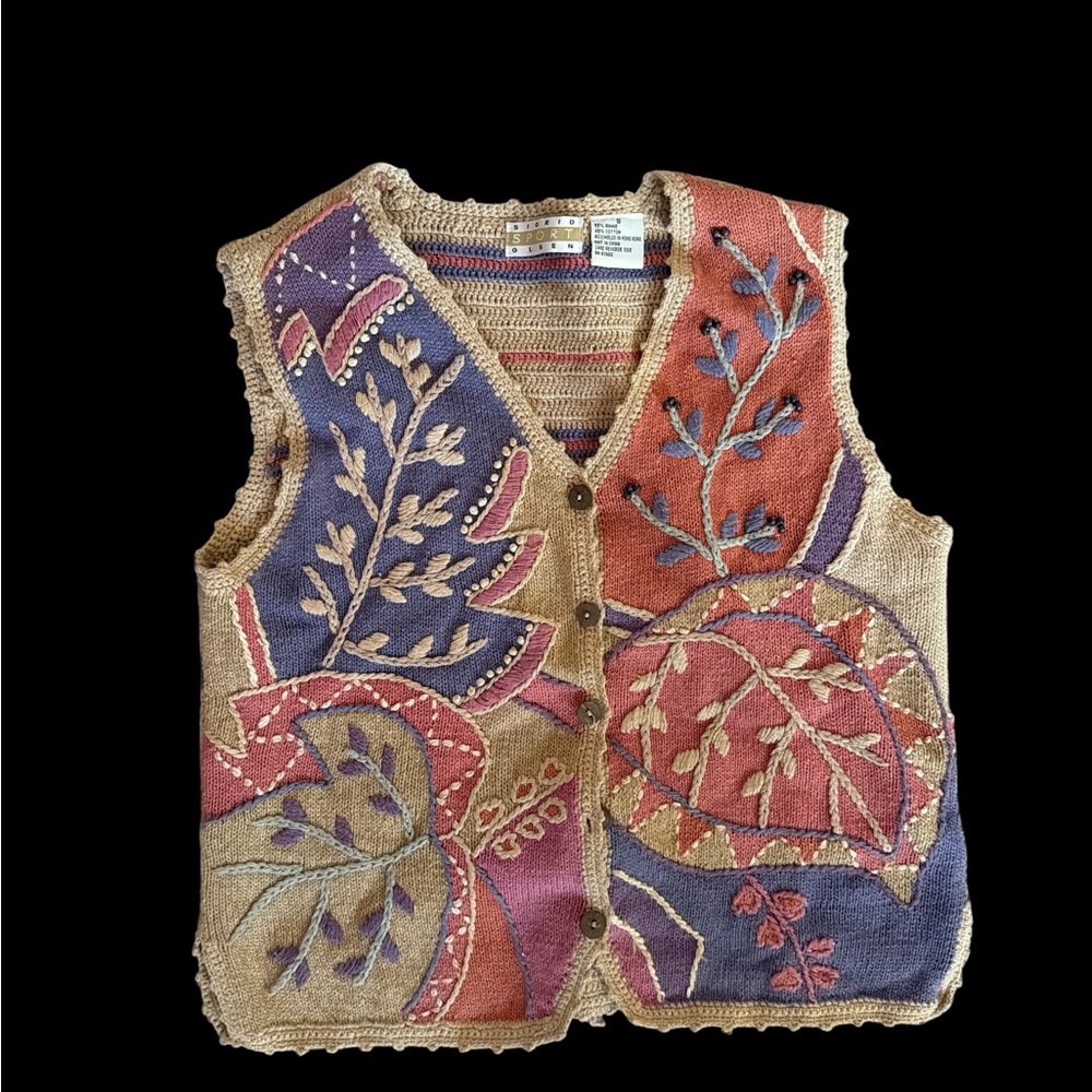 Sigrid Olsen Sport Vest Small Embroidered Knit Ramie Cotton Boho Patchwork Y2K - Picture 4 of 9